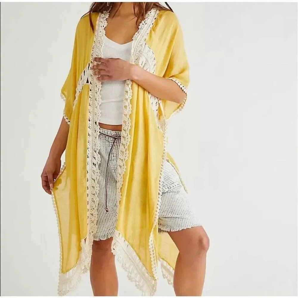 FREE PEOPLE | Yellow Cream Sundial Gauze Crochet Kimono Wrap Topper | One Size